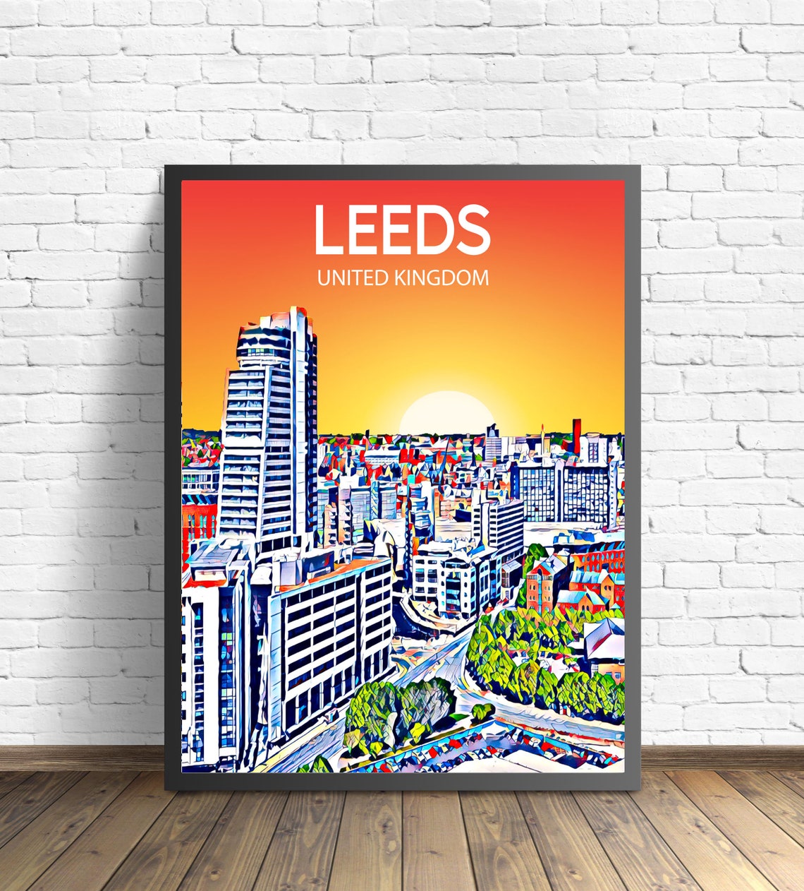 Leeds United Kingdom Sunset Skyline Vibrant Cityscape Art Poster