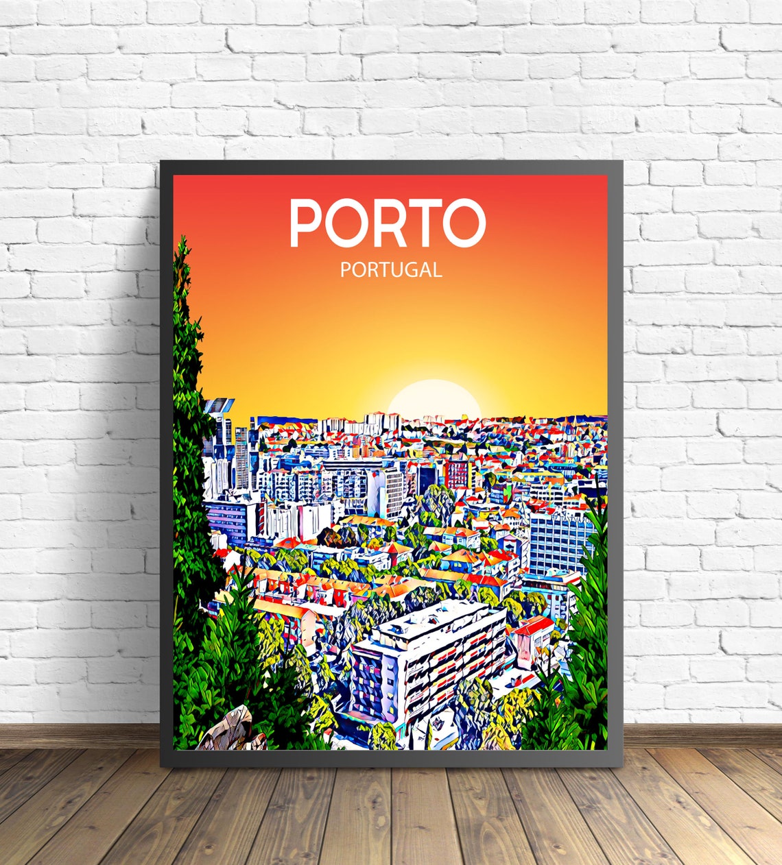 Porto Portugal Art Poster Sunset Night Poster Art Print Porto City Modern Wall Art Colorful Skyline Photo Sketch