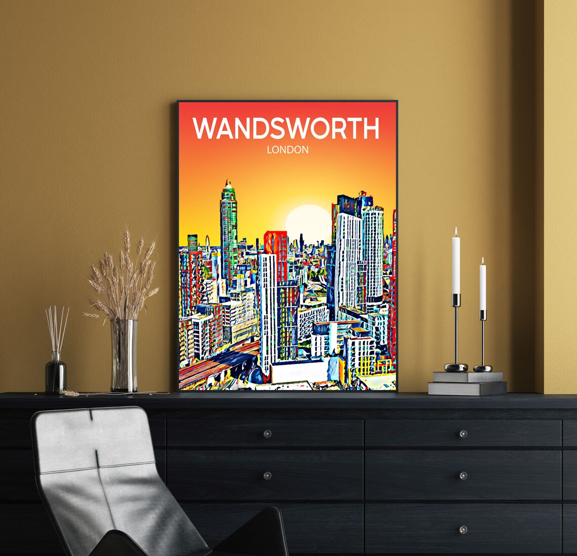 Wandsworth London Colorful Pop Art Skyline Sunset Travel Poster - Image 2