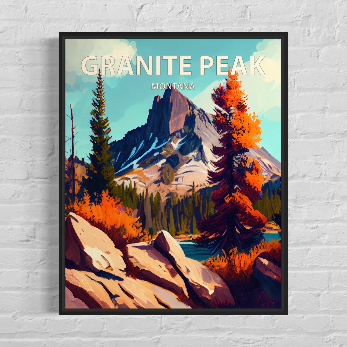 Granite Peak Montana Autumn Foliage Rocky Summit Retro Travel Poster