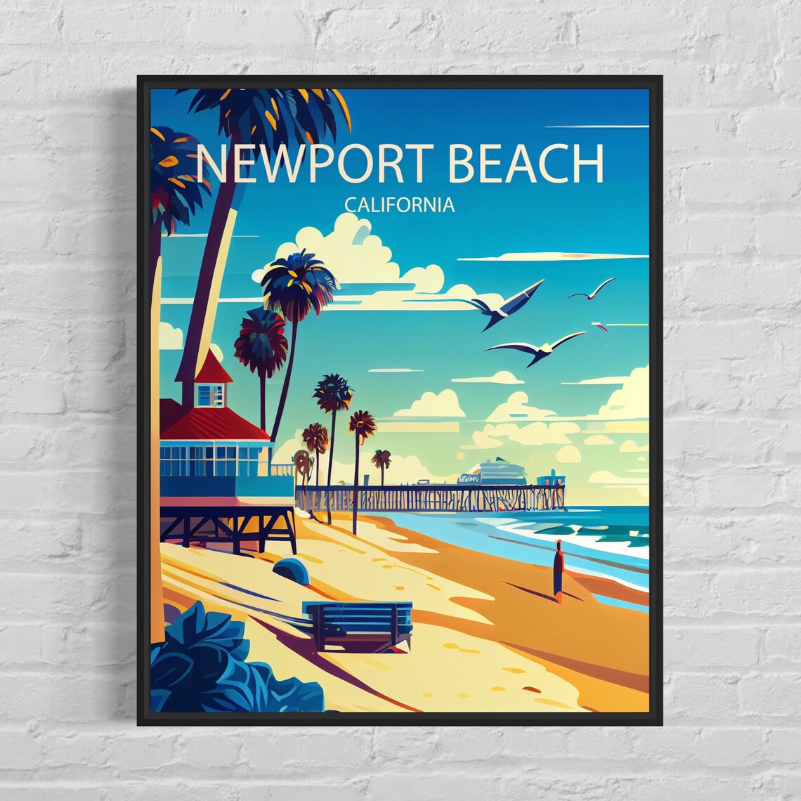 Newport Beach California Retro Beach Pier Vintage Travel Poster