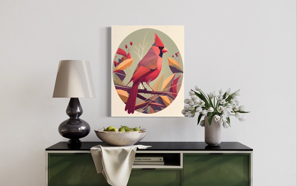 Red Cardinal Bird Perched Among Autumn Leaves Circular Art Print - Image 3