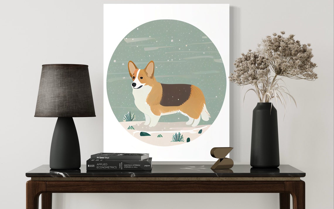 Tricolor Pembroke Corgi Standing in a Snow Circle Art Poster - Image 2