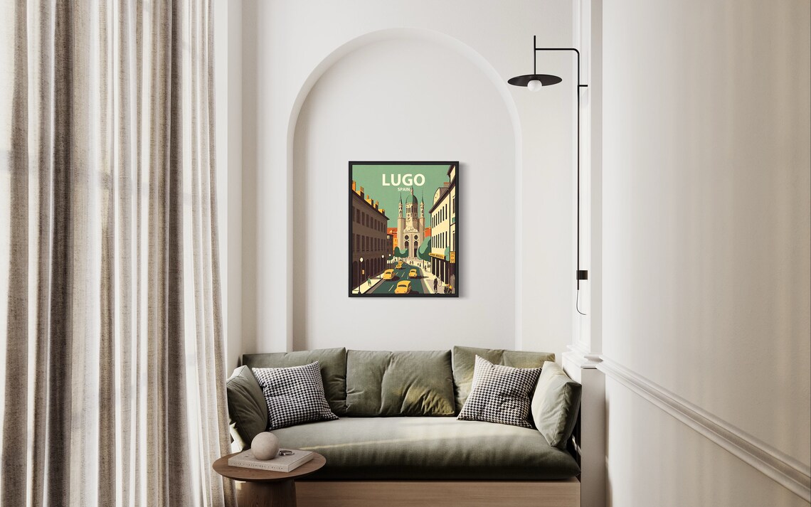 Lugo Spain Vintage Cathedral Street Classic Cars Retro Travel Poster - Image 2