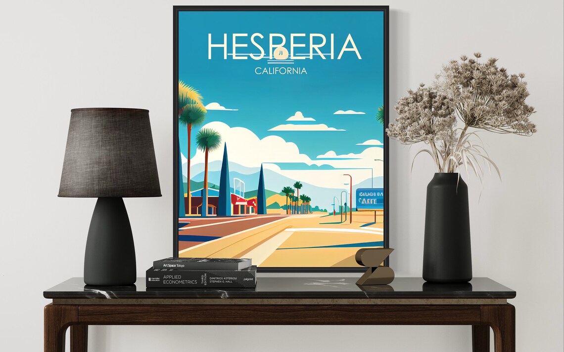 Hesperia California Sunny Retro Main Street Palm Scene Poster - Image 3