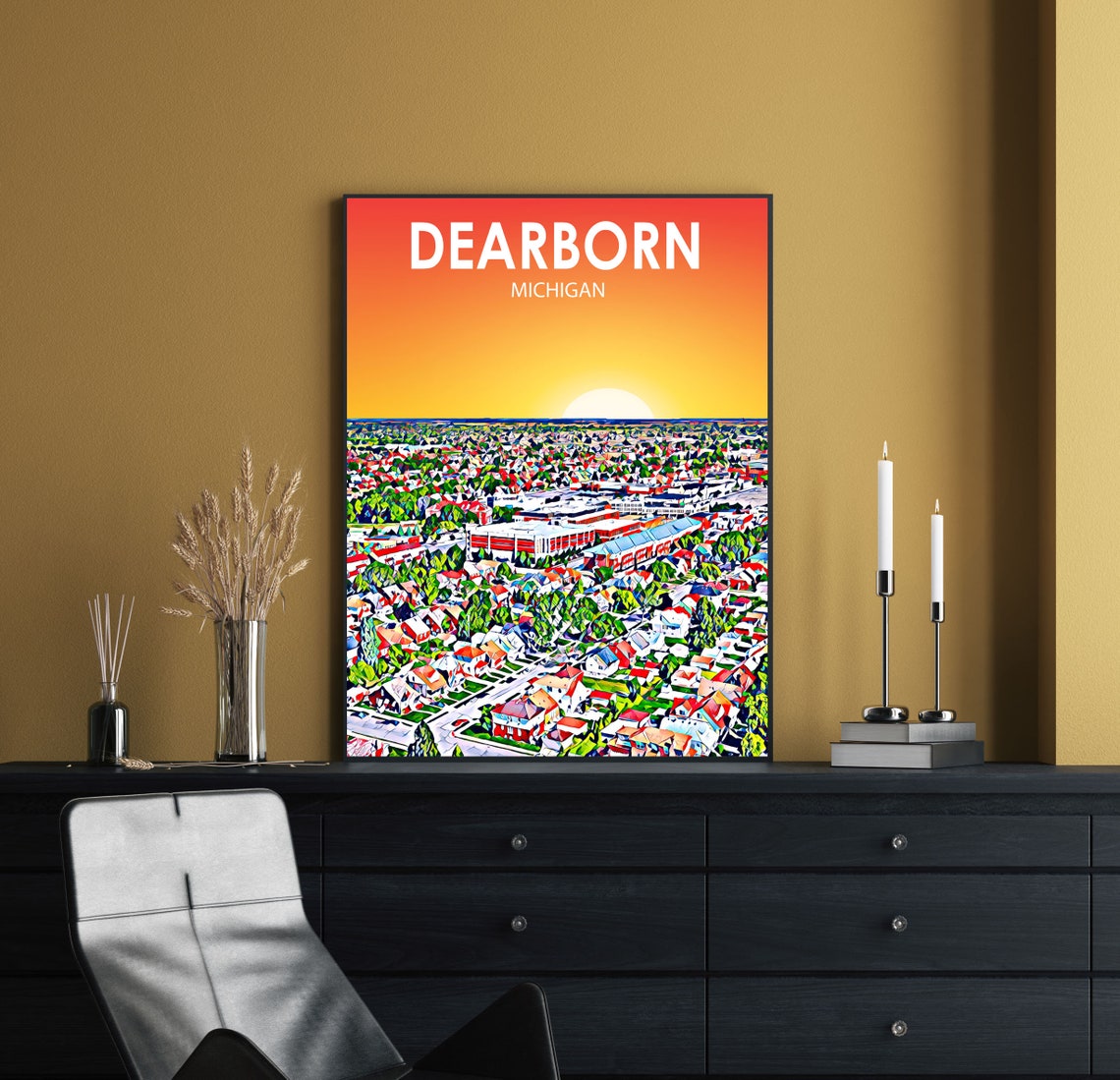Dearborn Michigan Sunset Aerial Suburban Colorful Cityscape Poster - Image 2