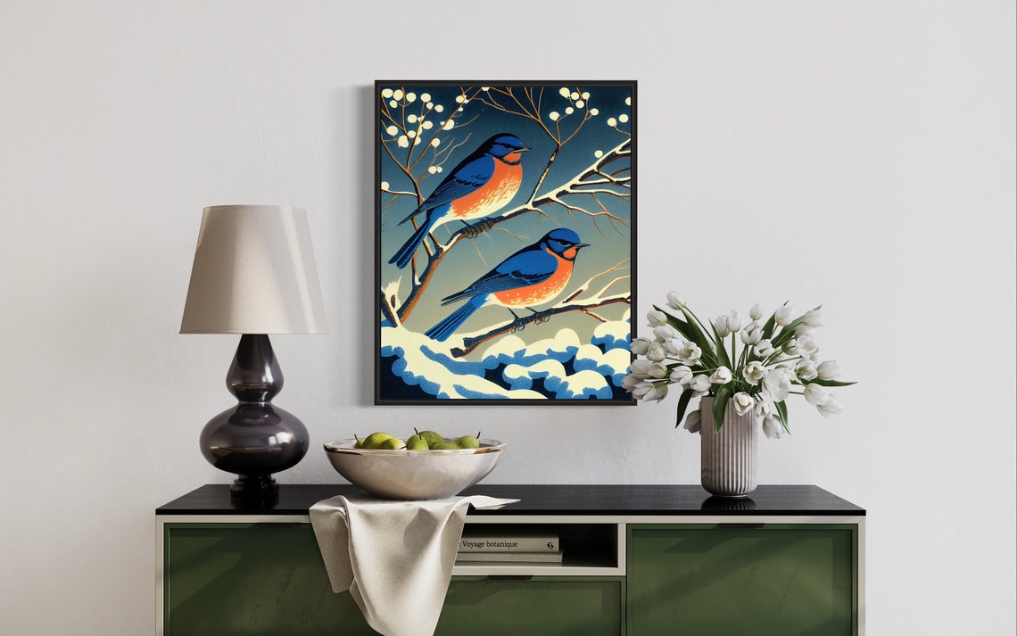 Bluebirds on Snowy Winter Branch Vintage Bird Illustration Poster - Image 2