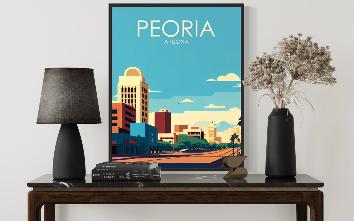 Peoria Arizona Retro Downtown Poster with Palms at Golden Sunset - Image 3