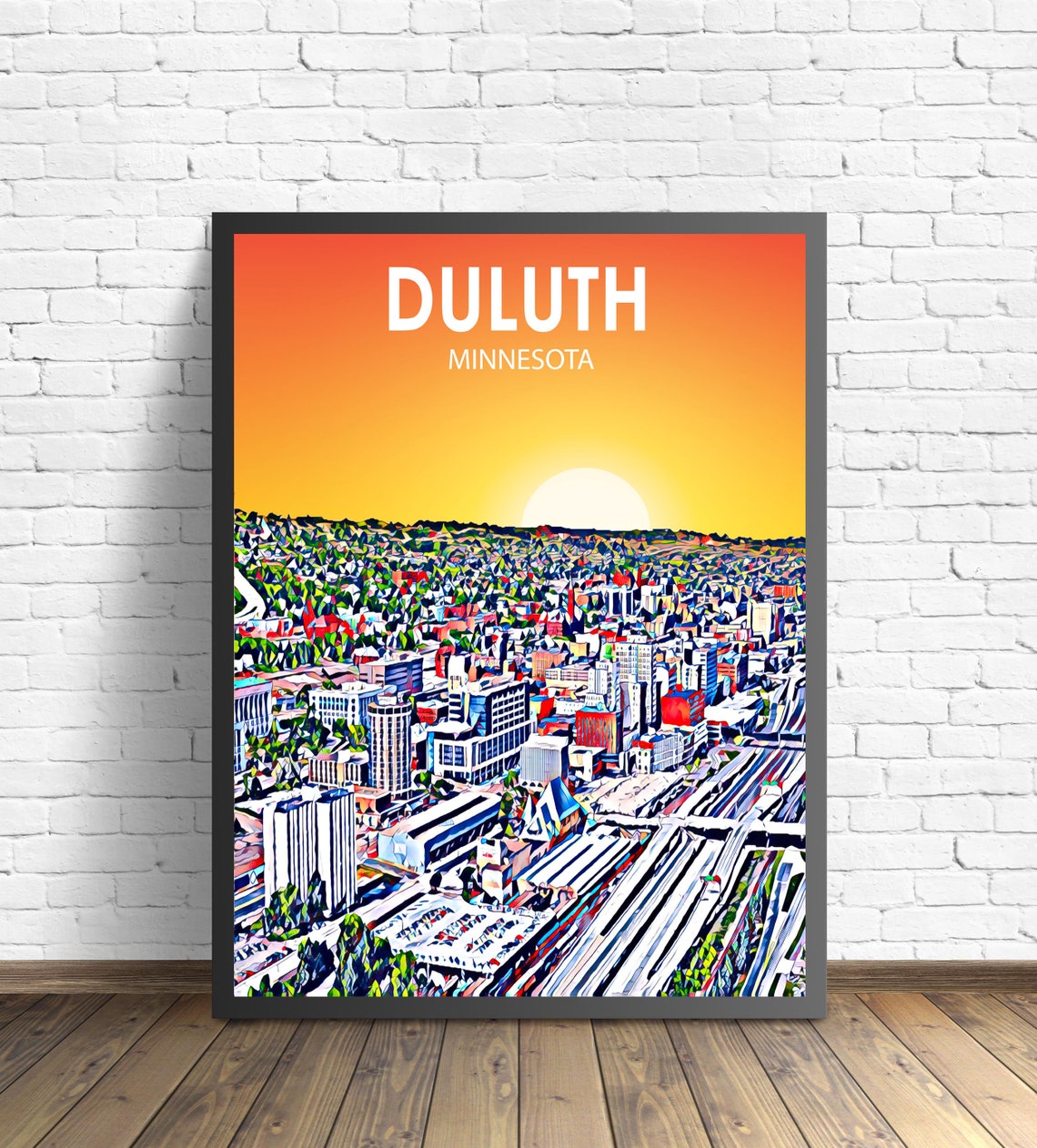 Duluth Minnesota Sunset Aerial Cityscape Colorful Art Poster
