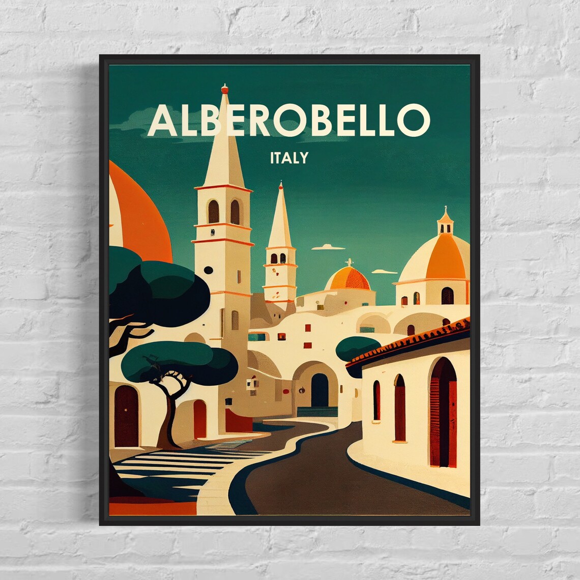 Alberobello Italy Church Towers and Curved Street Retro Travel Poster