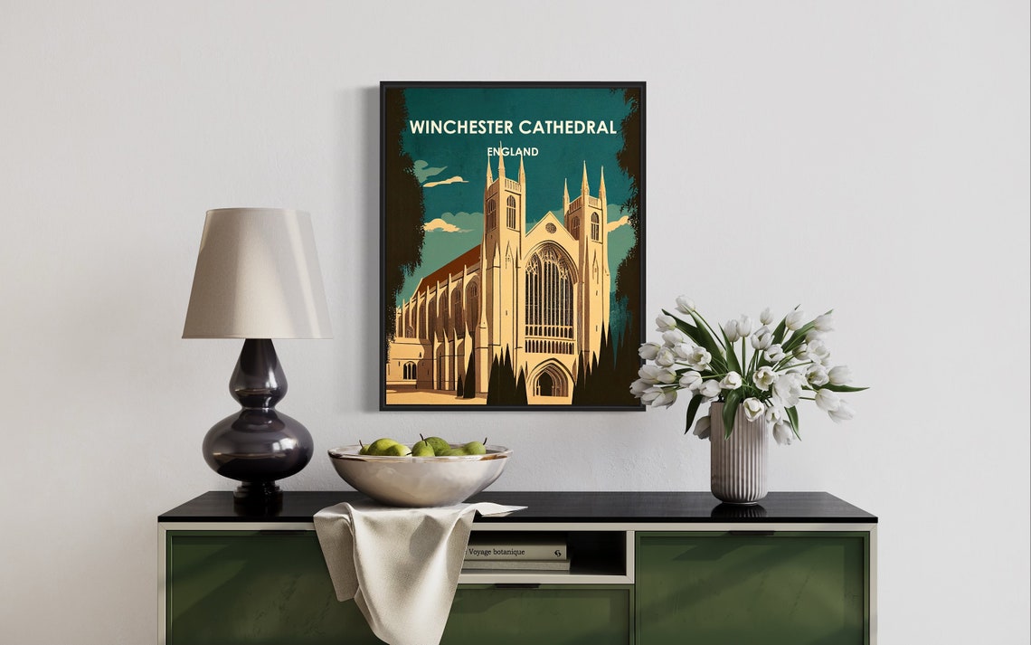 Winchester Cathedral England Gothic Night Sky Retro Art Poster - Image 2