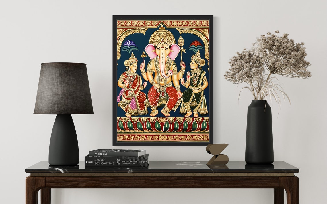 Lord Ganesha With Attendants in Ornate Gold Tanjore Art Poster - Image 2