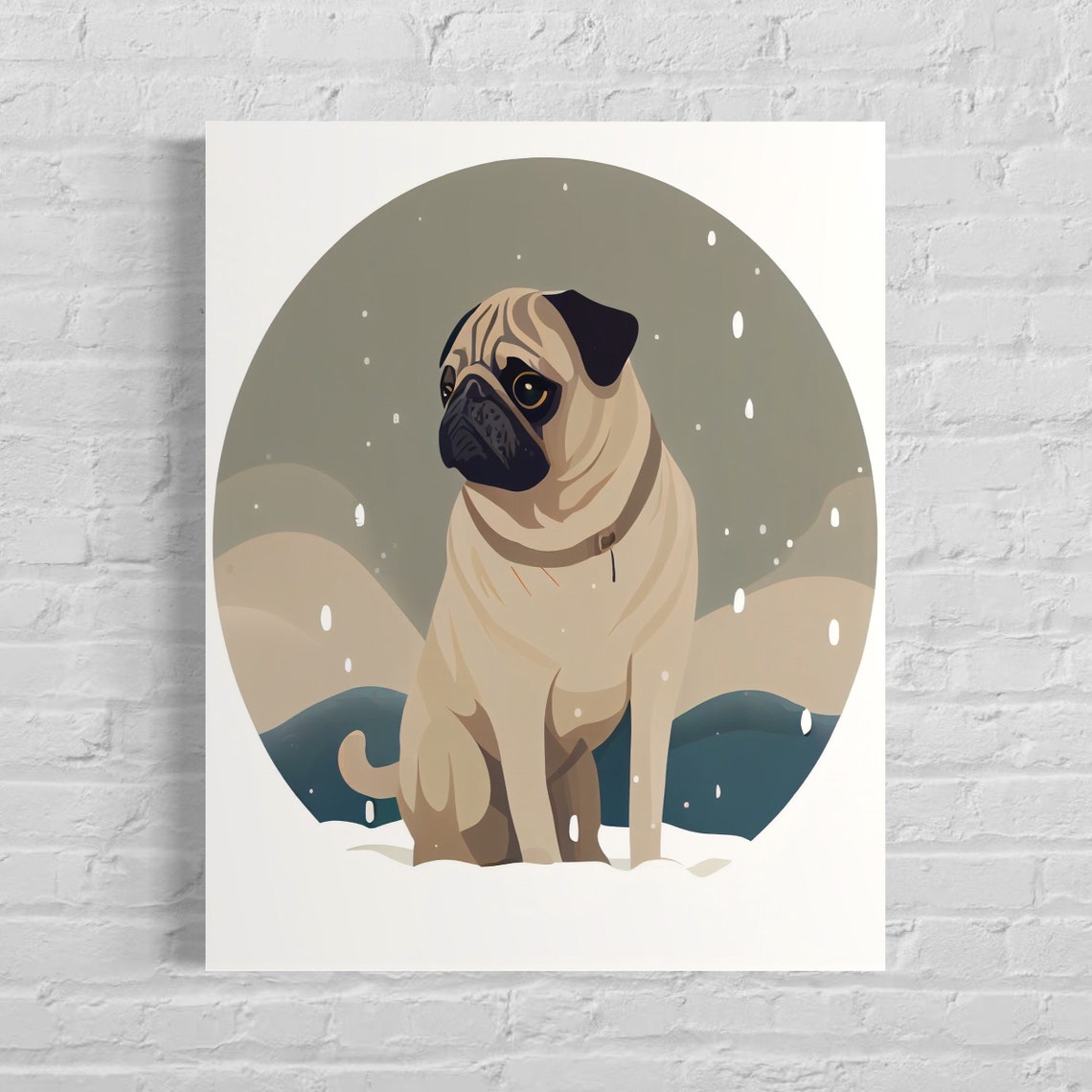Fawn Pug Sitting in Falling Snow Cute Dog Illustration Art Poster