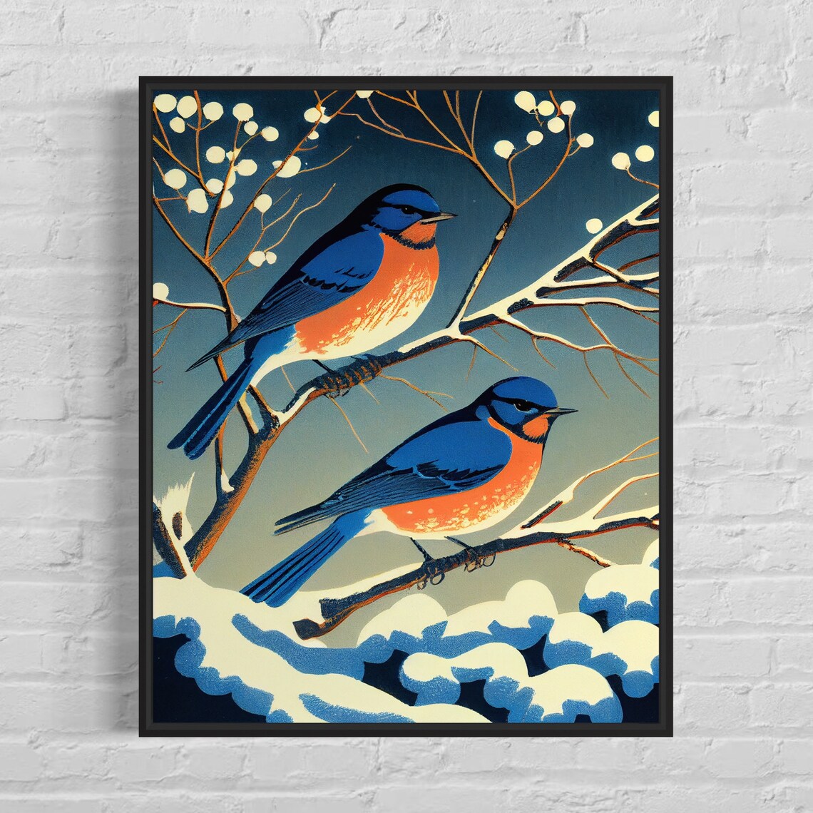 Bluebirds on Snowy Winter Branch Vintage Bird Illustration Poster