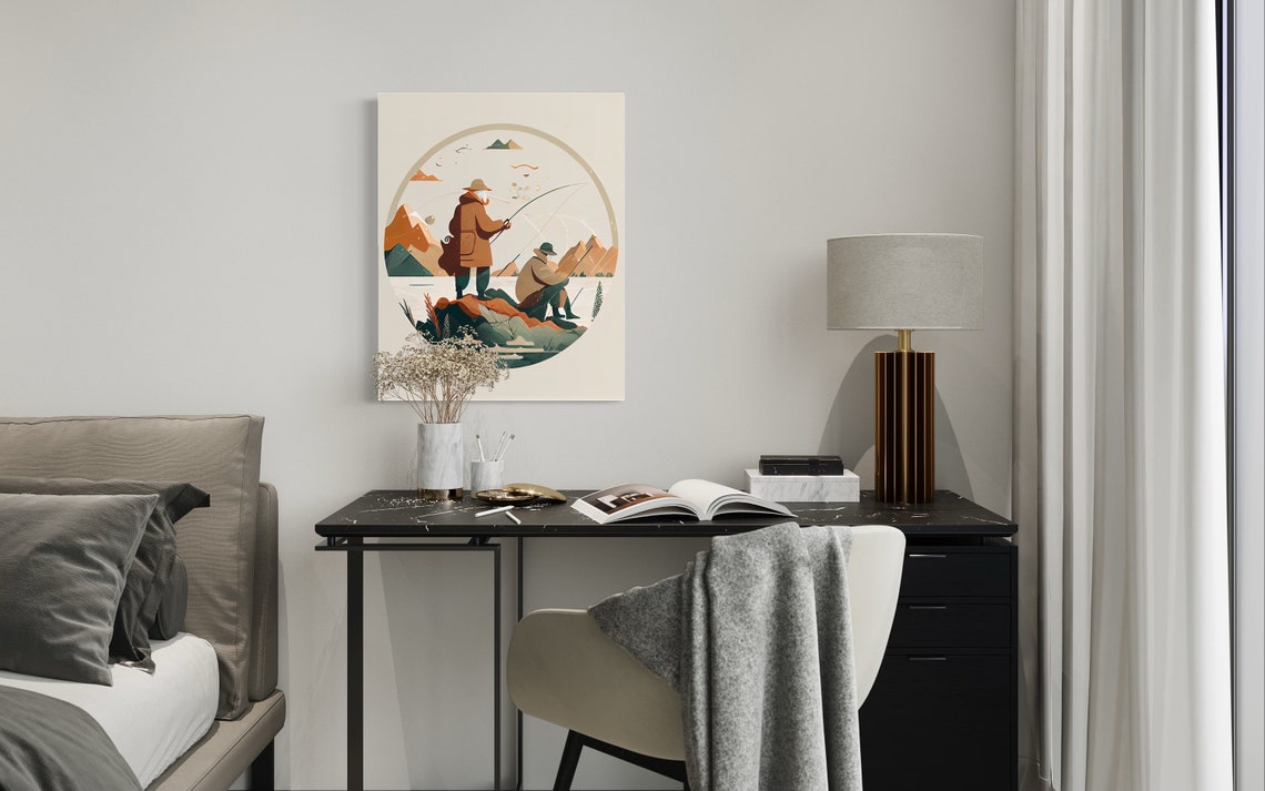 Two Fly Fishermen Mountain River Circular Art Illustration Poster - Image 2