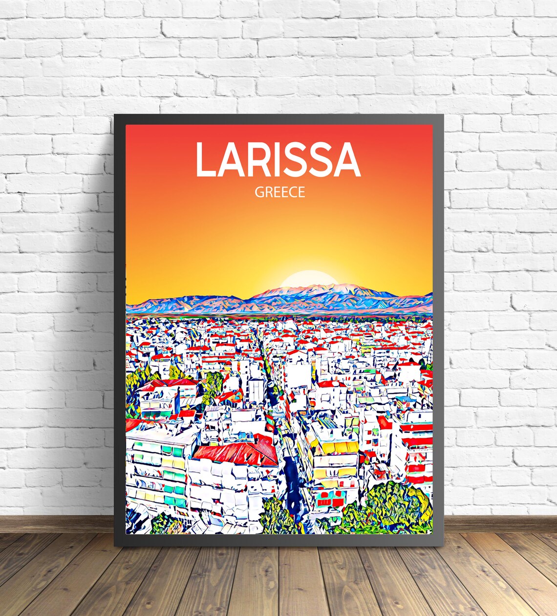Larissa Greece Sunset Skyline Vibrant Mosaic Cityscape Art Poster