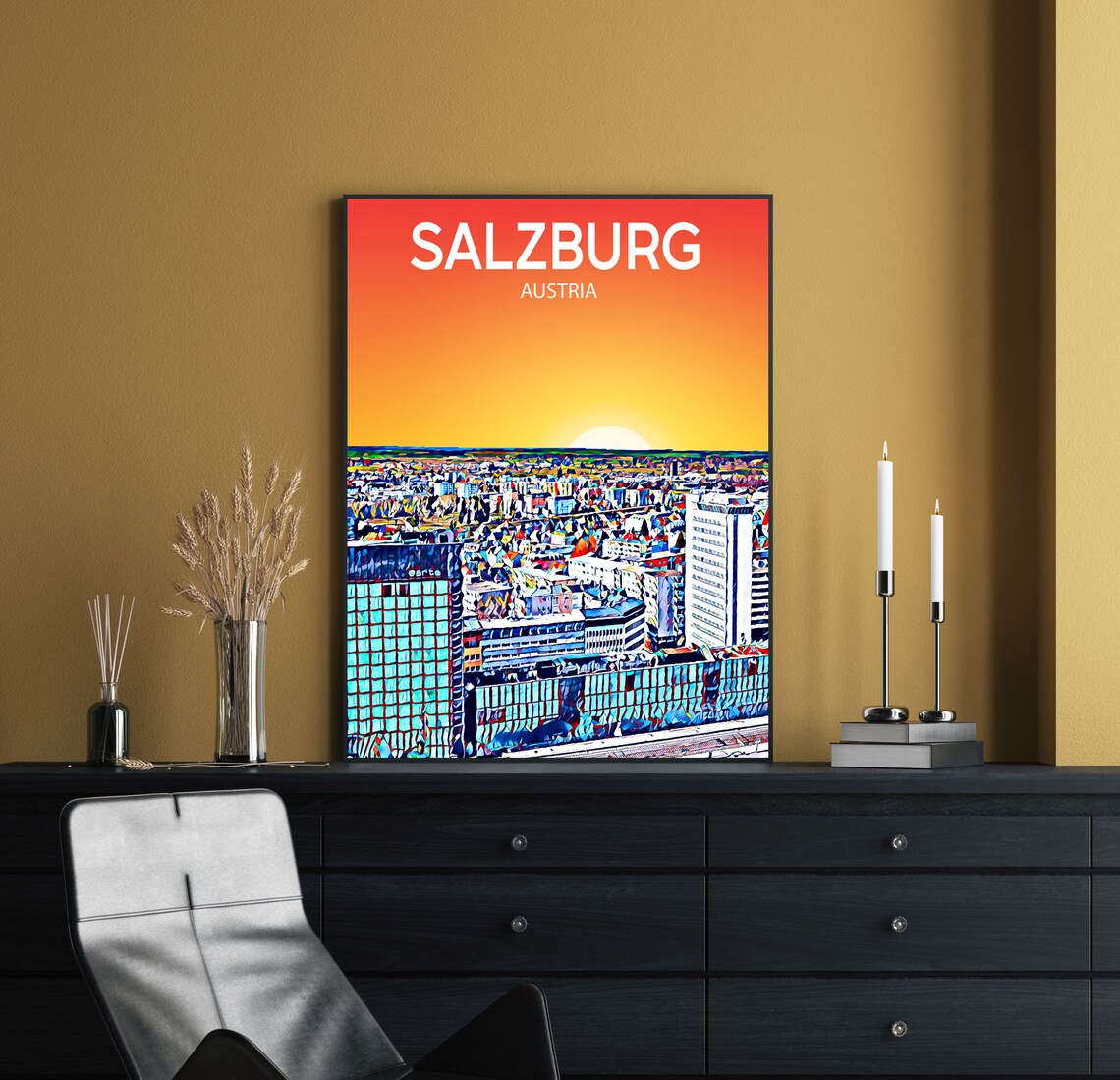 Salzburg Austria Sunset Skyline Historic Cityscape Art Poster - Image 2