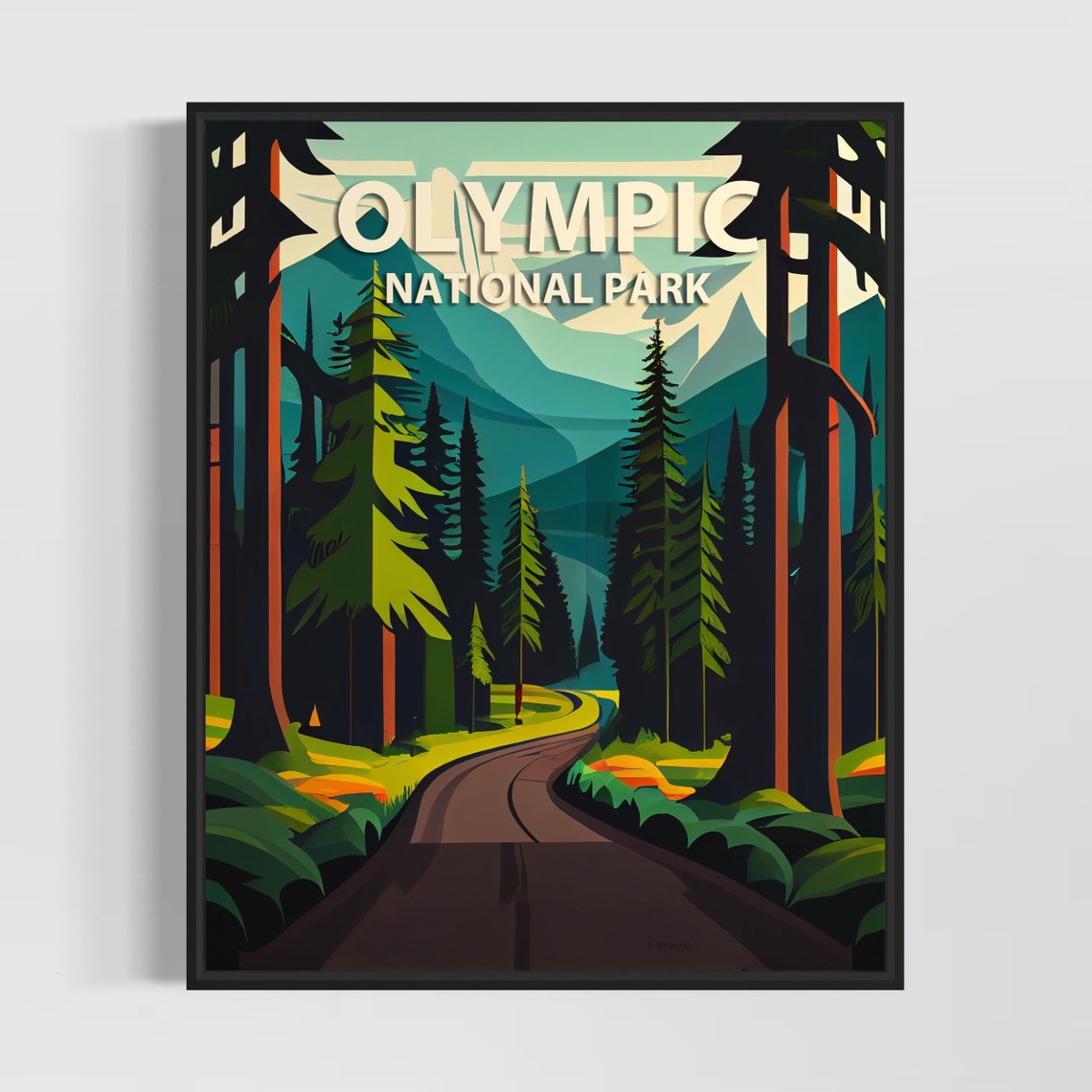 Olympic National Park Winding Forest Road Retro Style Travel Poster