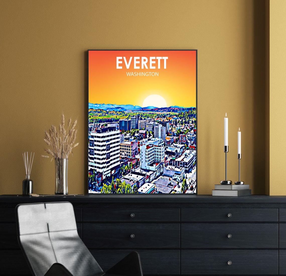 Everett Washington Sunset Skyline Mountain Foothills Sketch Poster - Image 2