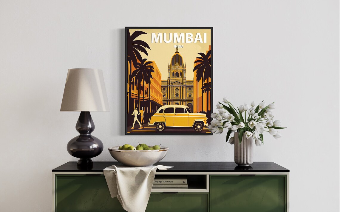 Mumbai India Classic Taxi and Colonial Landmark Travel Poster - Image 3