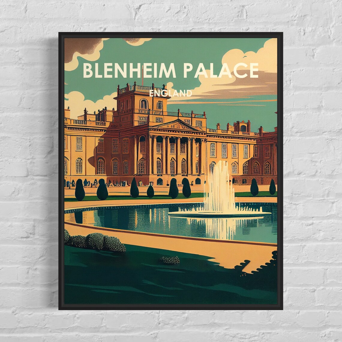 Blenheim Palace England Fountain and Grand Facade Retro Travel Poster