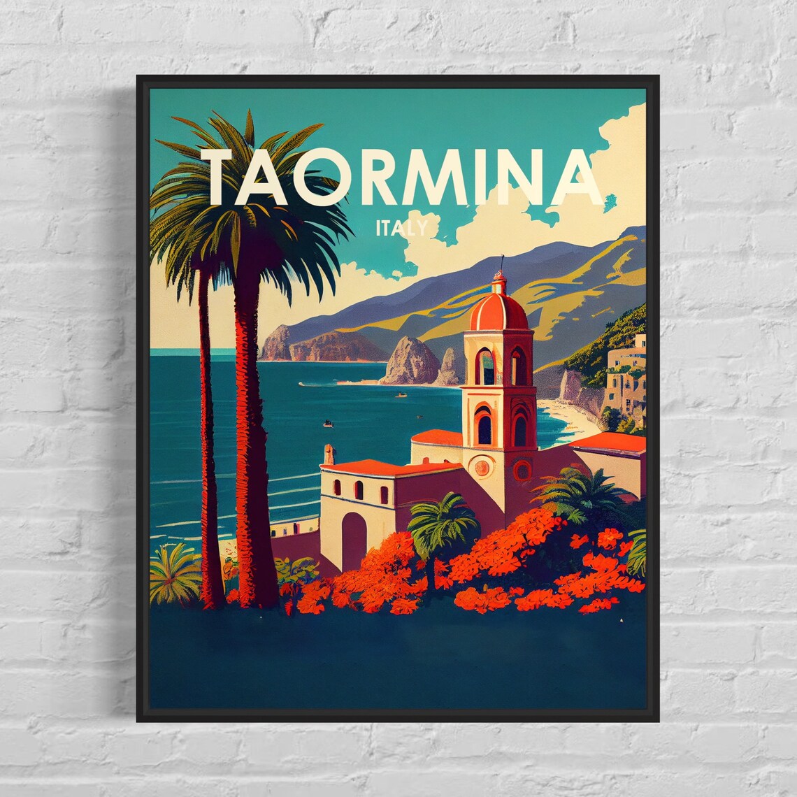 Taormina Sicily Italy Coastal Church Bell Tower Sea View Travel Poster