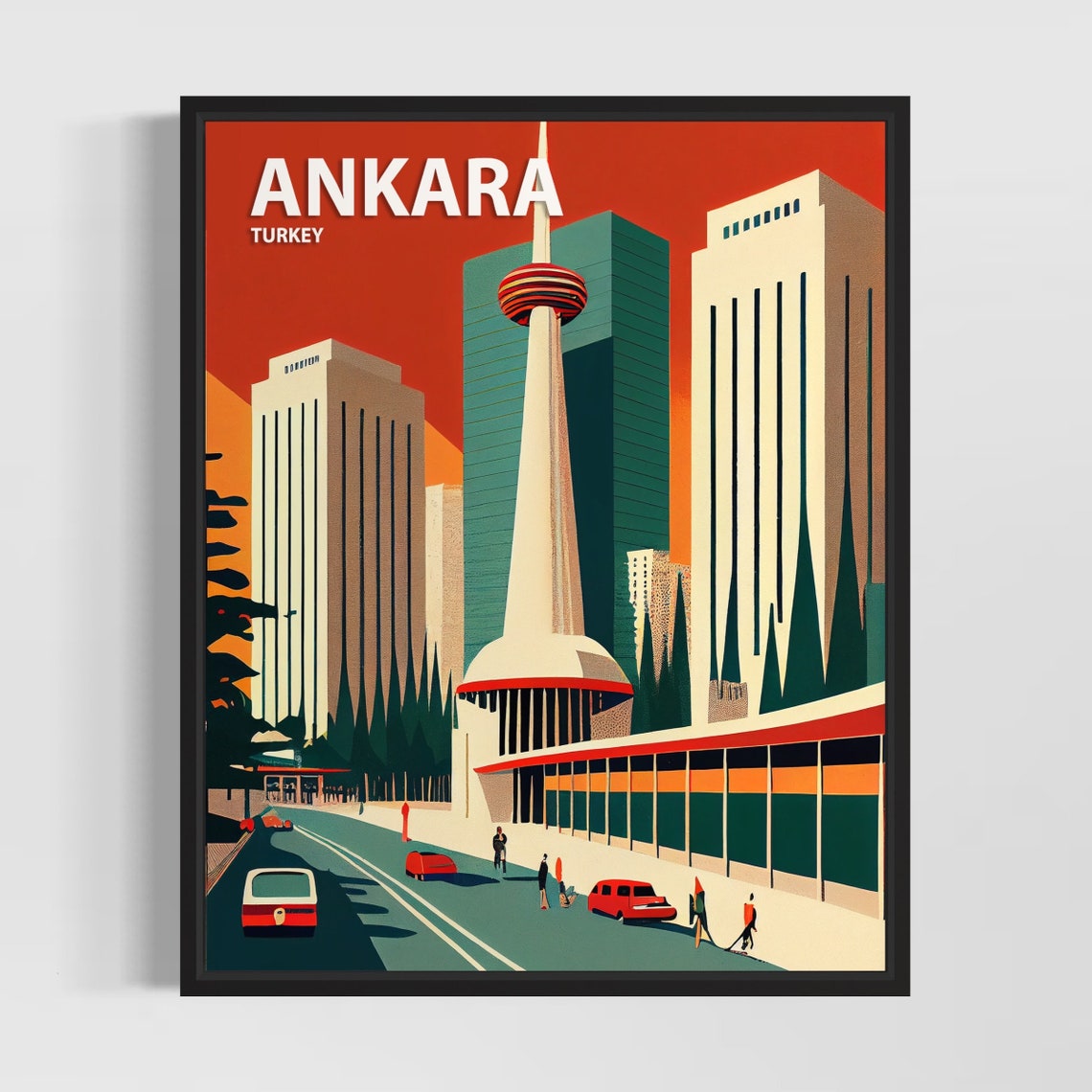 Ankara Turkey Retro TV Tower Street Scene Travel Poster Artwork