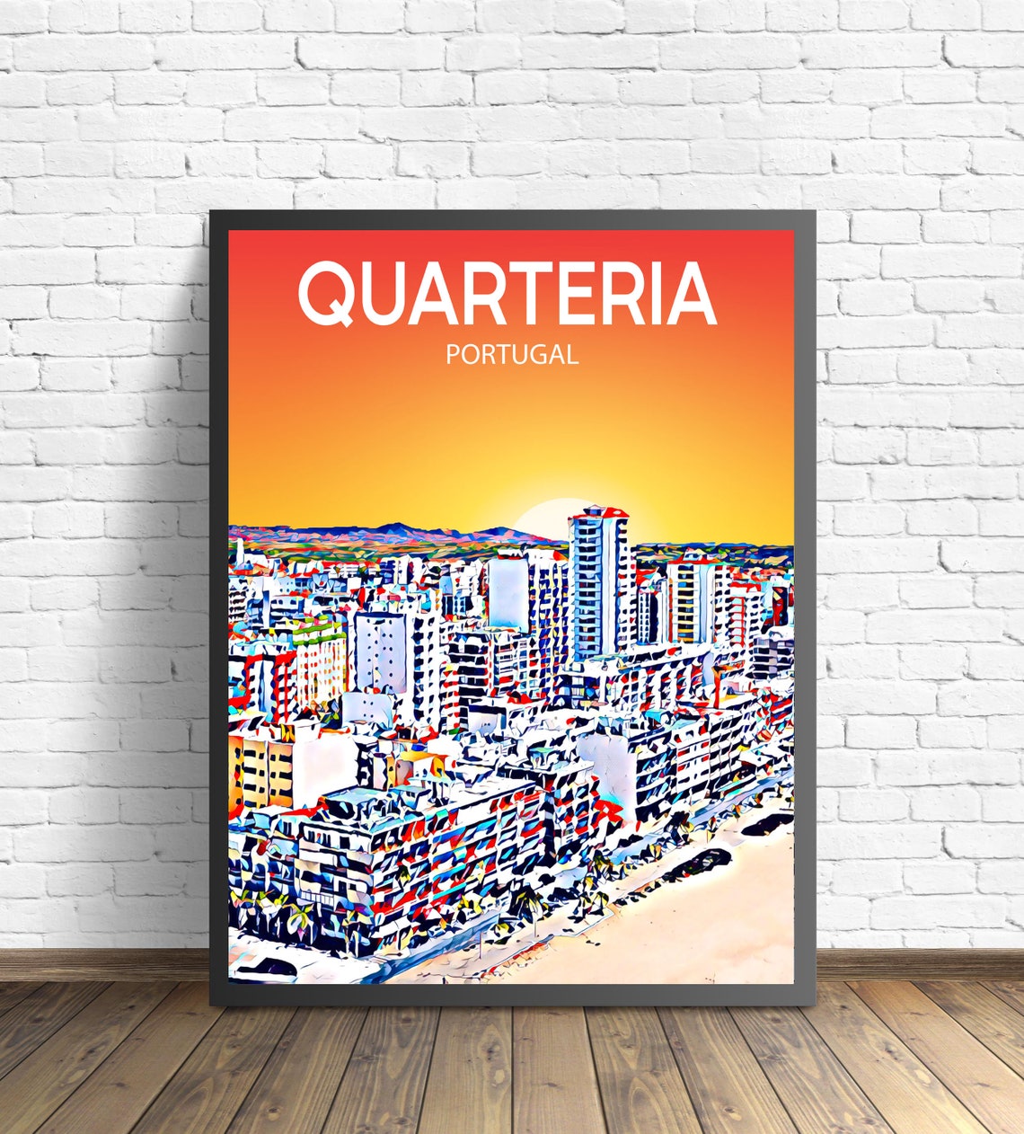 Quarteira Portugal Art Poster Sunset Night Poster Art Print Quarteira City Modern Wall Art Colorful Skyline Photo Sketch