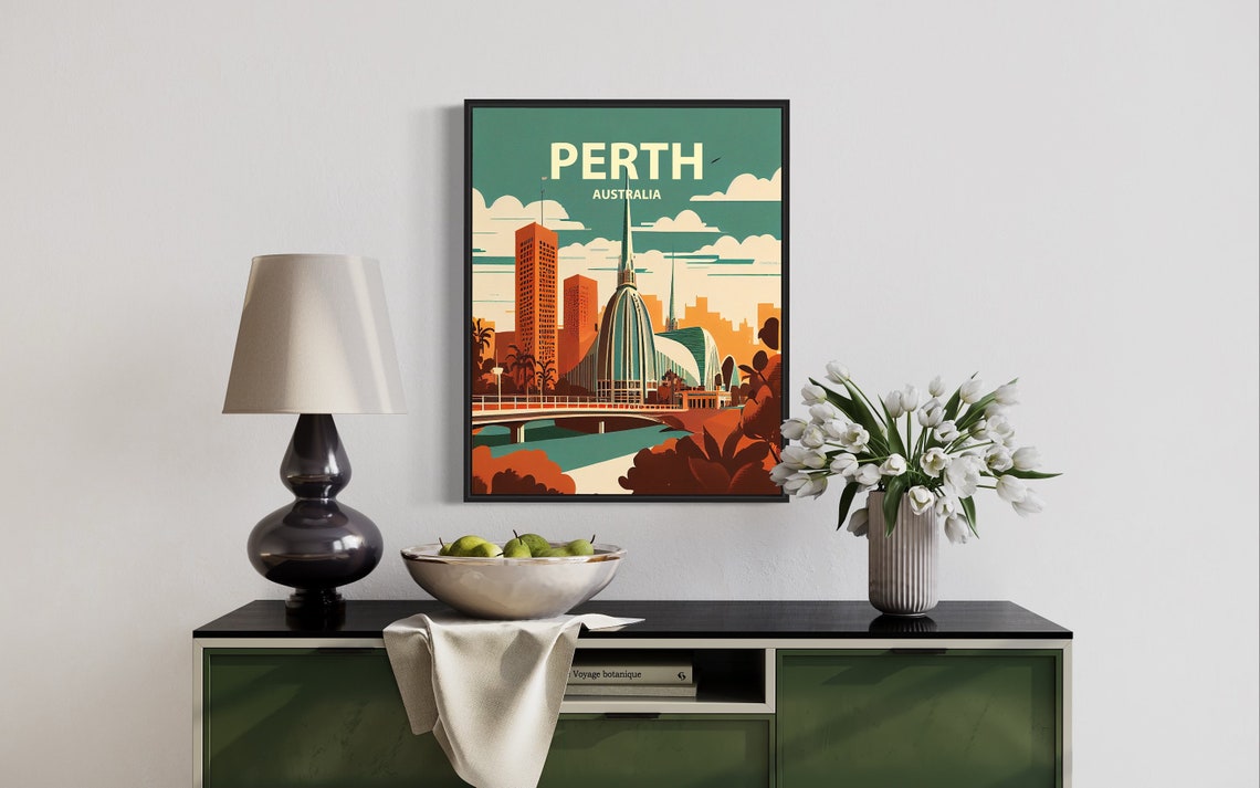 Perth Australia Retro Skyline Poster with Iconic Swan Bells Tower - Image 2