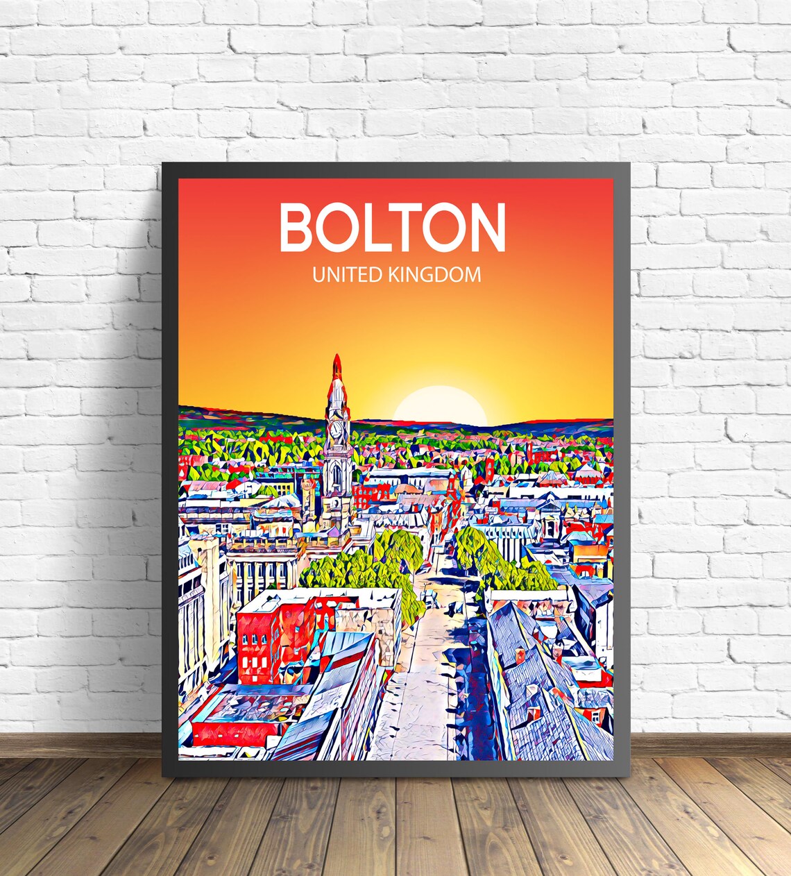 Bolton United Kingdom Fiery Sunset Cityscape Tower Art Poster