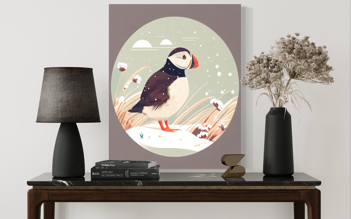 Puffin on a Snowy Coast With Wild Grasses Seabird Art Poster - Image 2