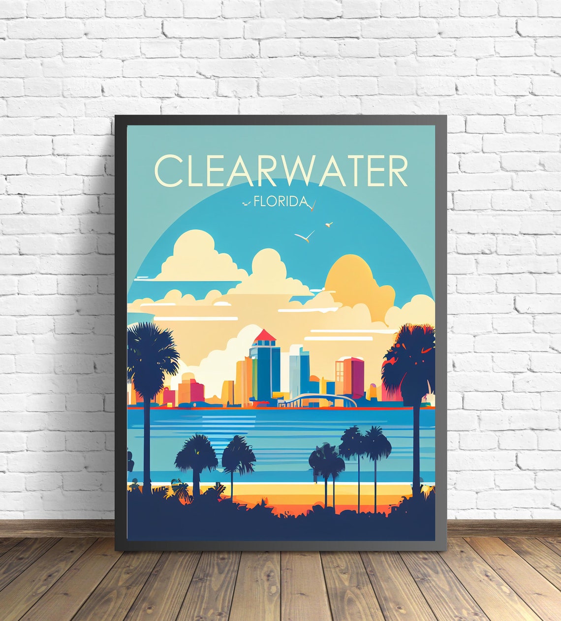 Clearwater Florida Retro Sunset Skyline Palm Trees Beach Poster