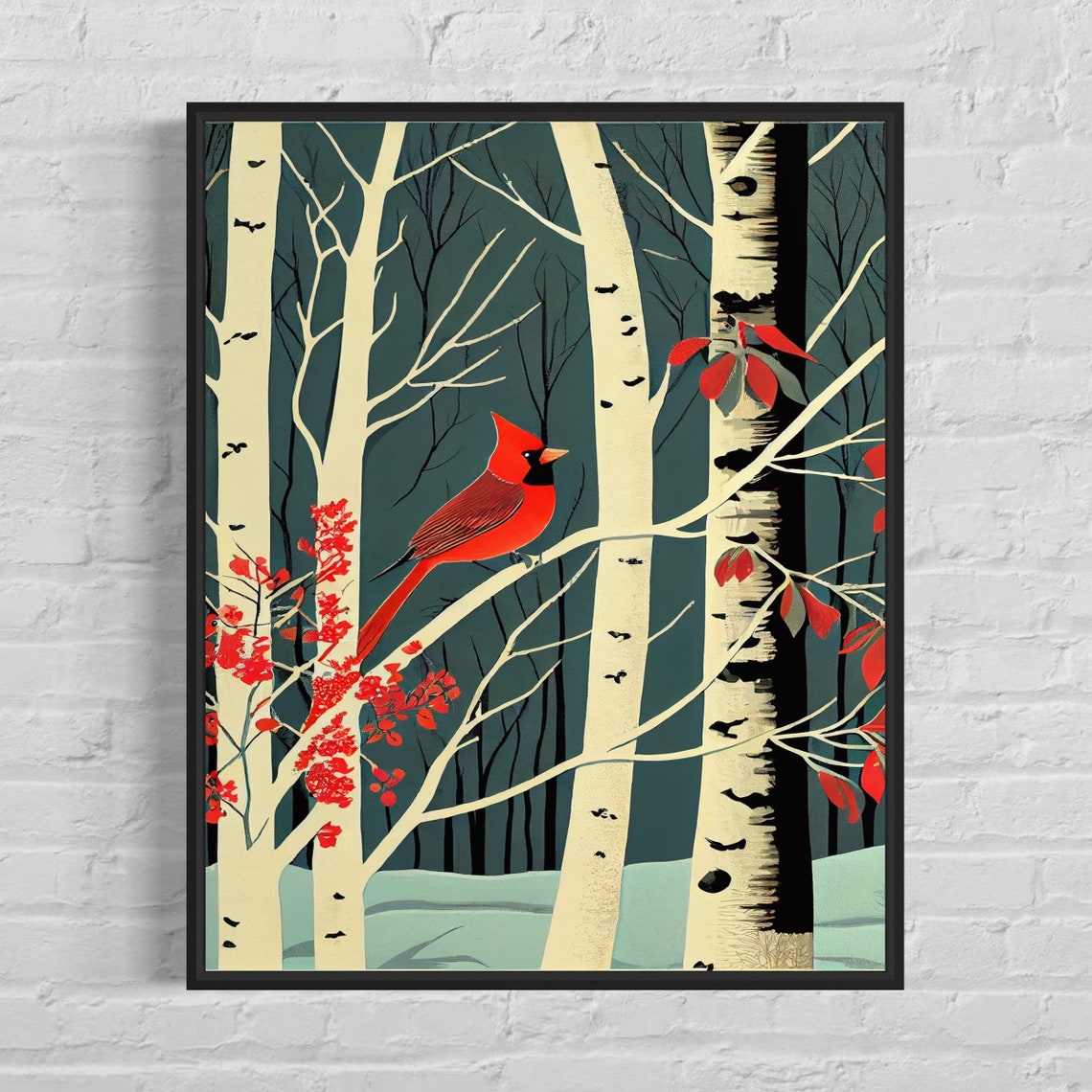 Red Cardinal On Birch Tree Winter Forest Minimal Bird Art Poster