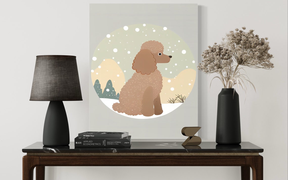 Curly Brown Poodle Sitting in Snowfall Winter Dog Art Poster - Image 2