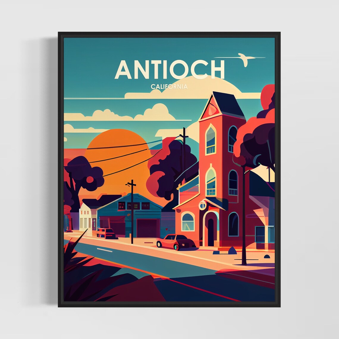 Antioch California Historic Church Street Sunset Travel Poster