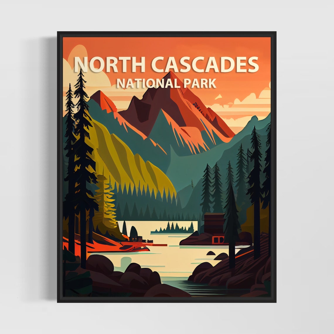 North Cascades National Park Sunset Peaks Retro Travel Poster