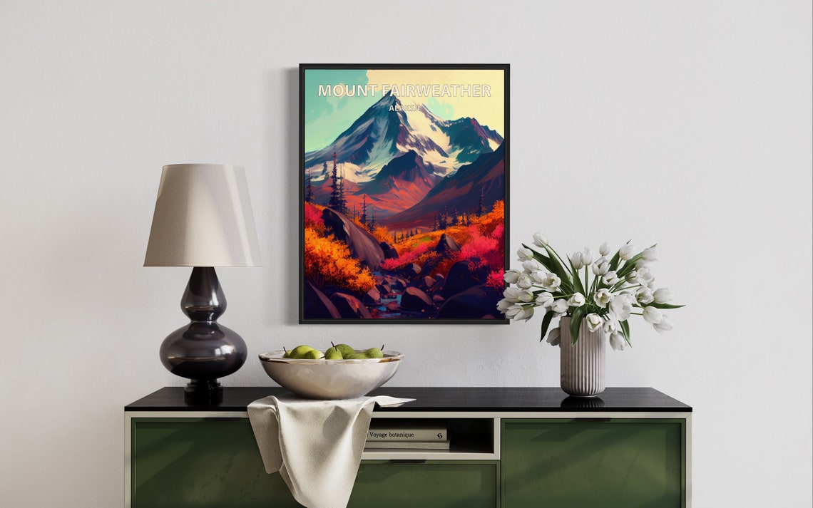 Mount Fairweather Alaksa Colorful Fall Tundra Peak Retro Travel Poster - Image 3