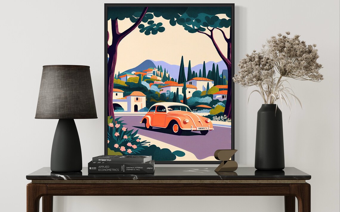 Mougins France Orange Vintage Car Driving Past Villas Retro Poster - Image 2