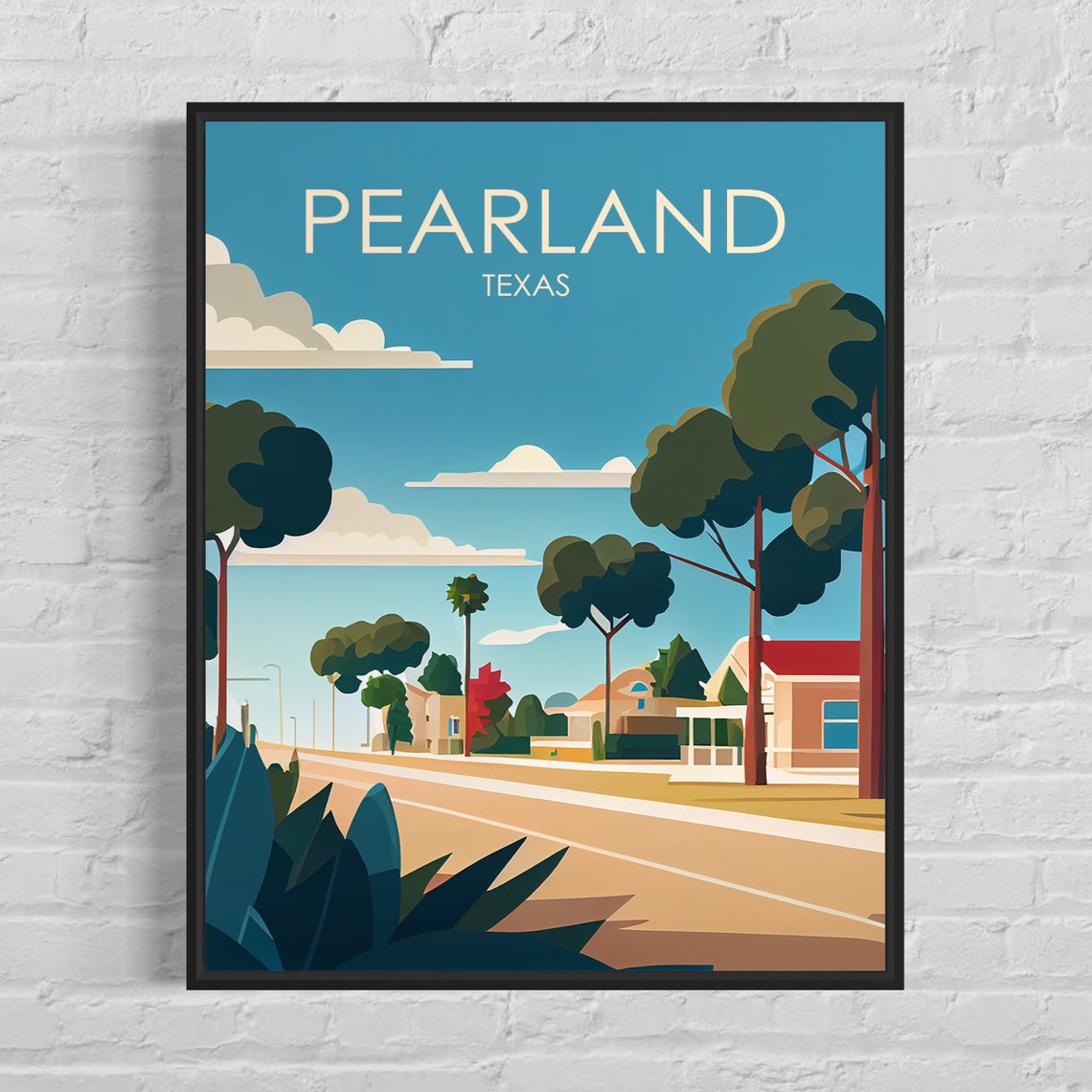Pearland Texas Suburban Street Live Oaks Minimal Style Poster