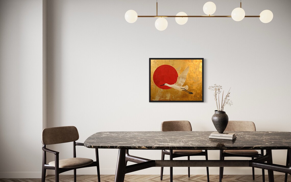 White Egret in Flight Against Red Sun Asian Gold Style Poster - Image 2