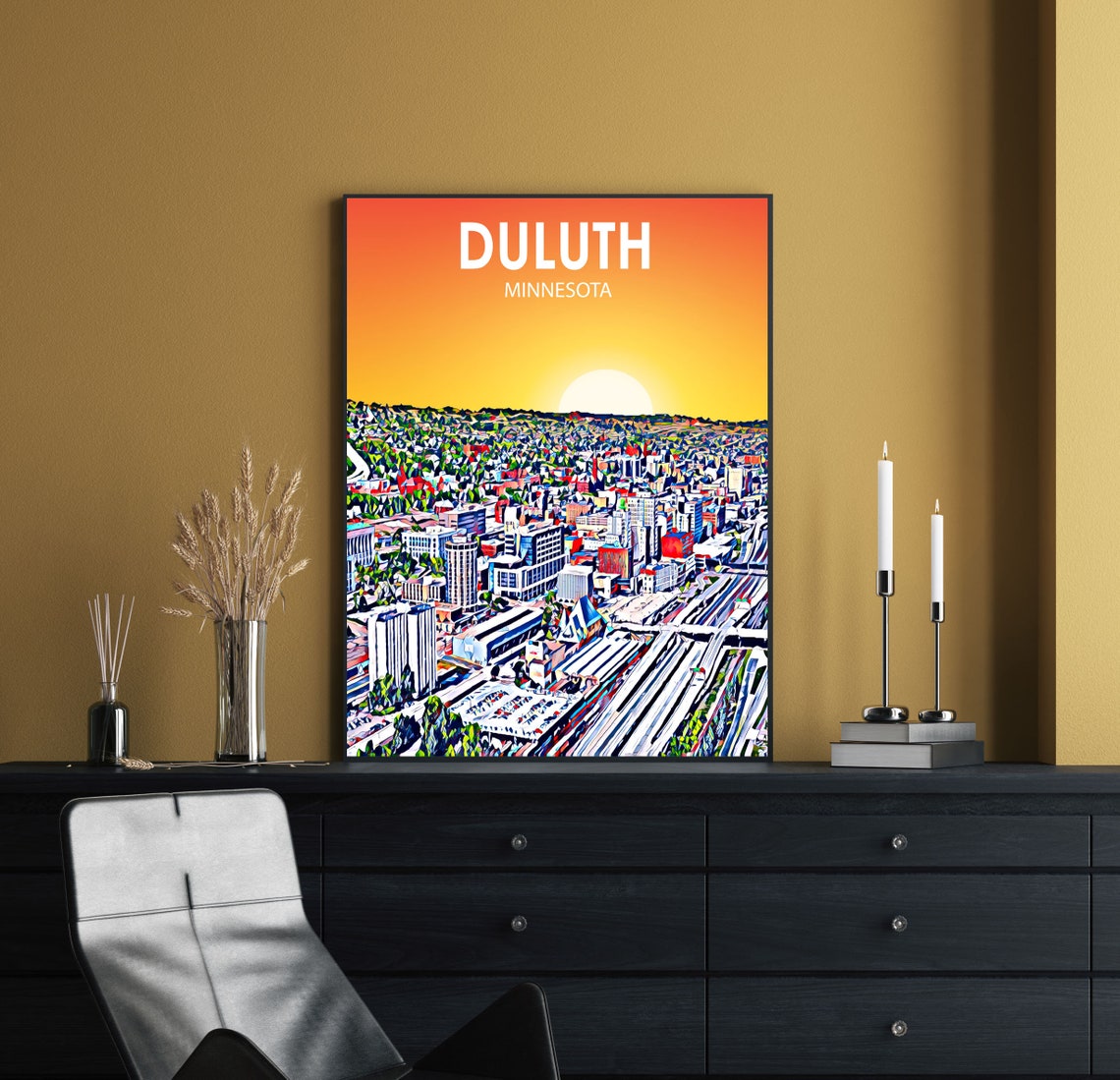 Duluth Minnesota Sunset Aerial Cityscape Colorful Art Poster - Image 2
