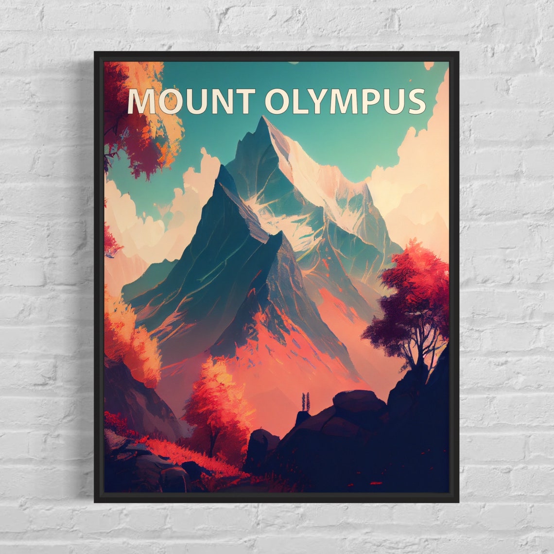 Mount Olympus Snowcapped Peak Autumn Foliage Painting Style Poster