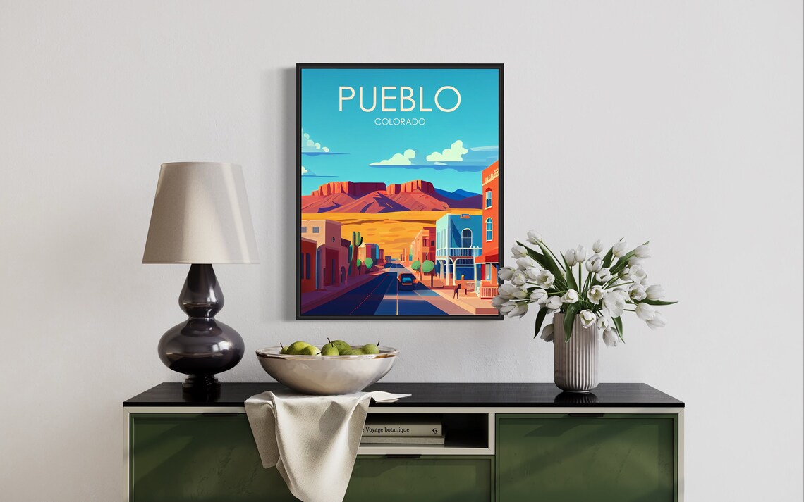 Pueblo Colorado Desert Main Street Red Mesas Retro Travel Poster - Image 3