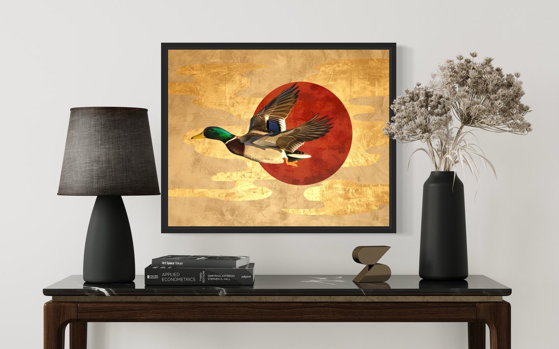Mallard Duck in Flight Red Sun Gold Leaf Waterfowl Art Poster - Image 2