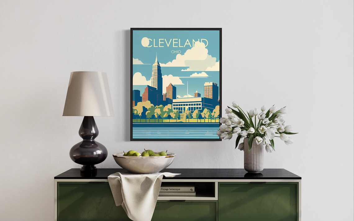 Cleveland Ohio Retro Skyline Poster with Lake Erie Waterfront - Image 2