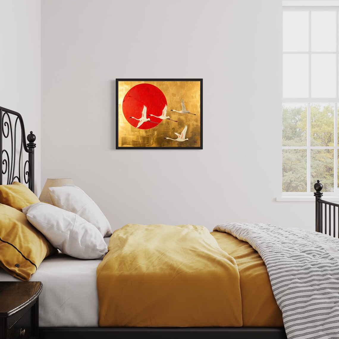 Flying Flamingos Against Red Sun Asian Gold Style Art Poster - Image 3