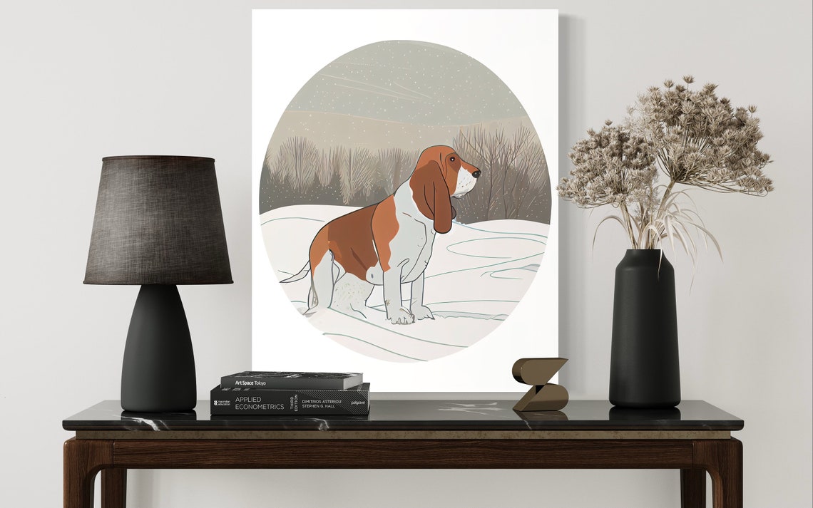 Basset Hound Standing in a Snowy Winter Field Circle Art Poster - Image 2