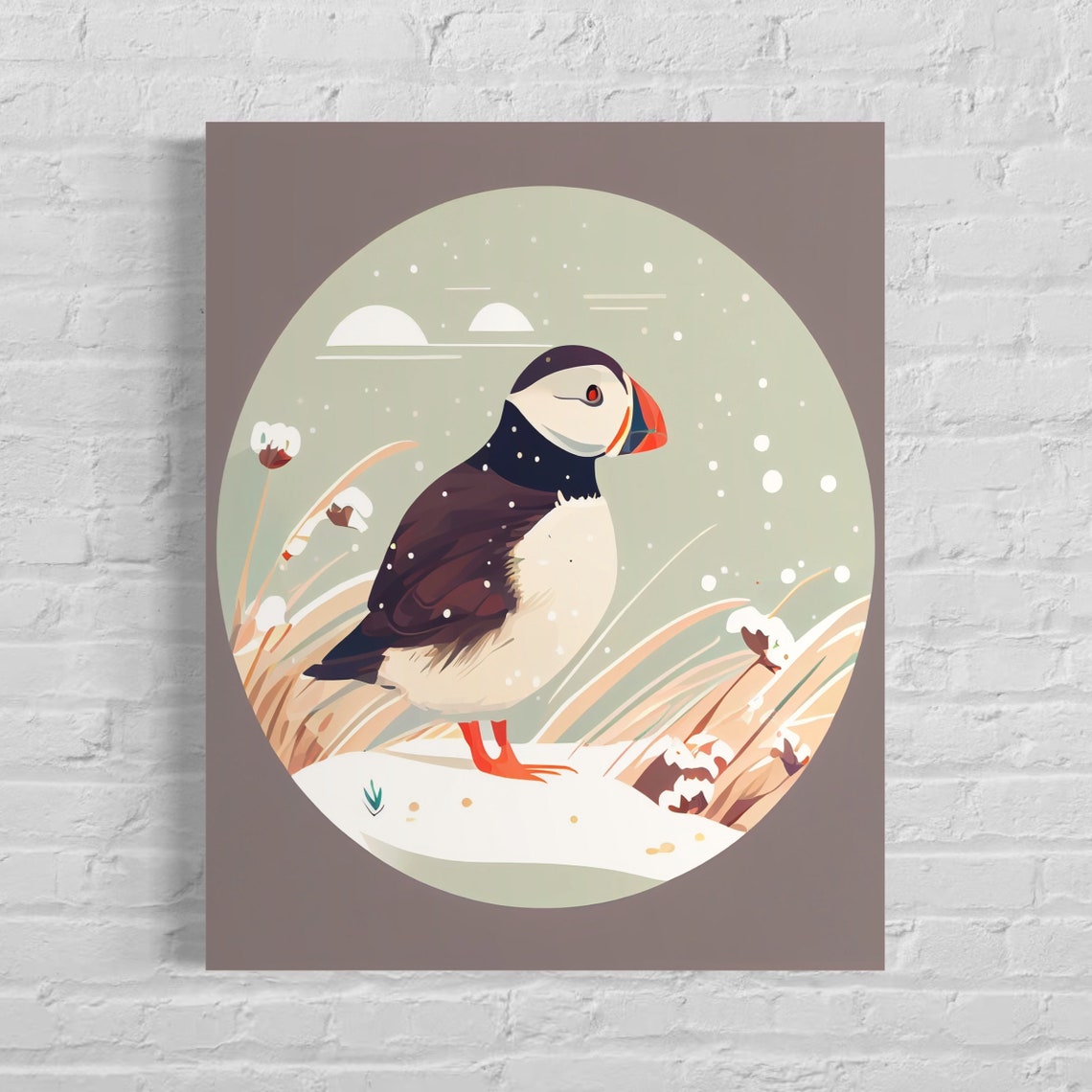 Puffin on a Snowy Coast With Wild Grasses Seabird Art Poster