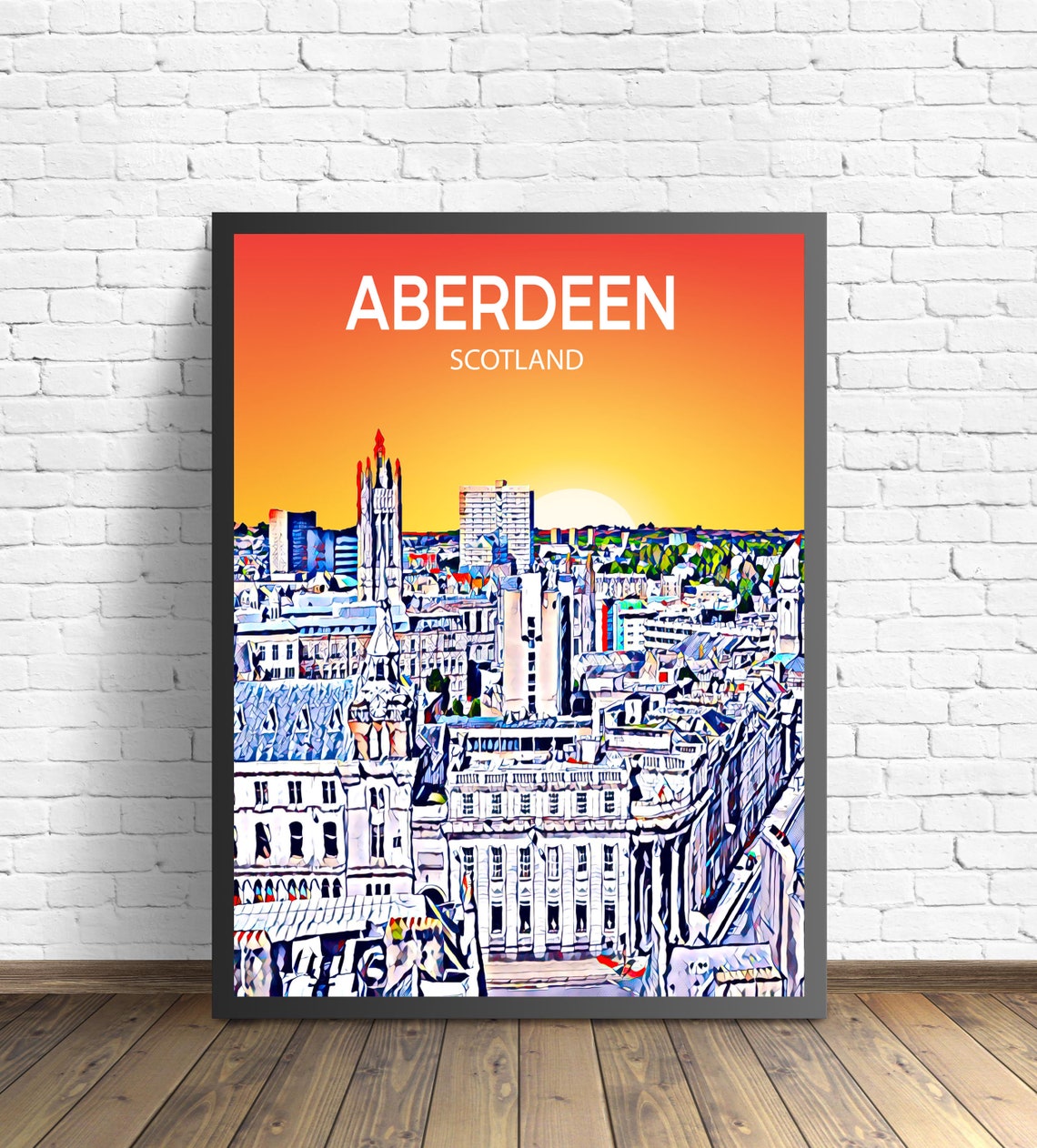 Aberdeen Scotland Sunset Skyline Sketch Art Travel Poster Gift