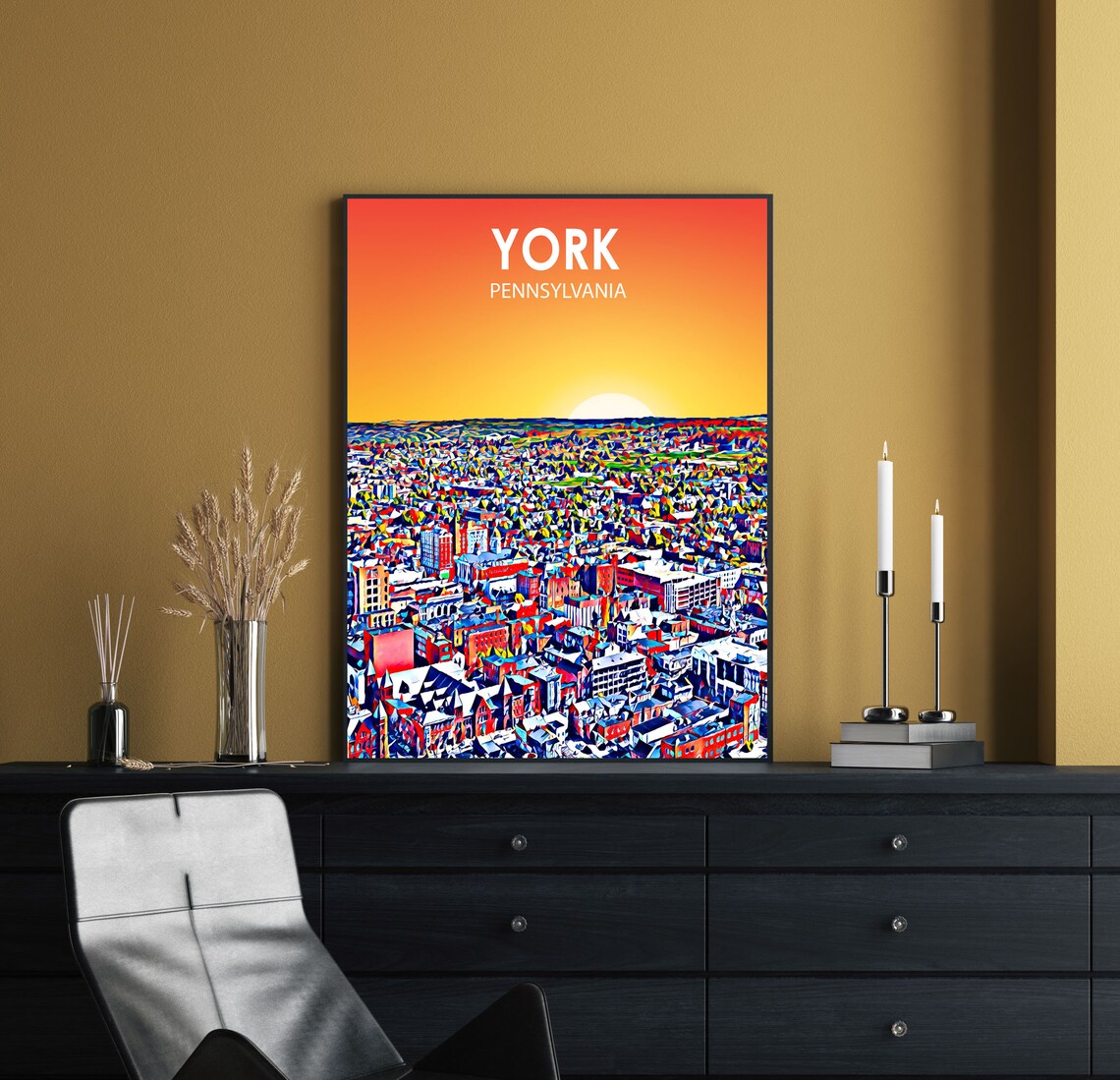 Colorful York Pennsylvania Sunset Aerial Cityscape Sketch Art Poster - Image 2